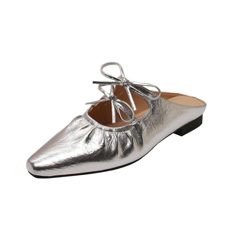 Fashion Low heel slippers summer new square head shallow mouth fold butterfly knot soft sole anti-slip wear-resistant baotou shoes