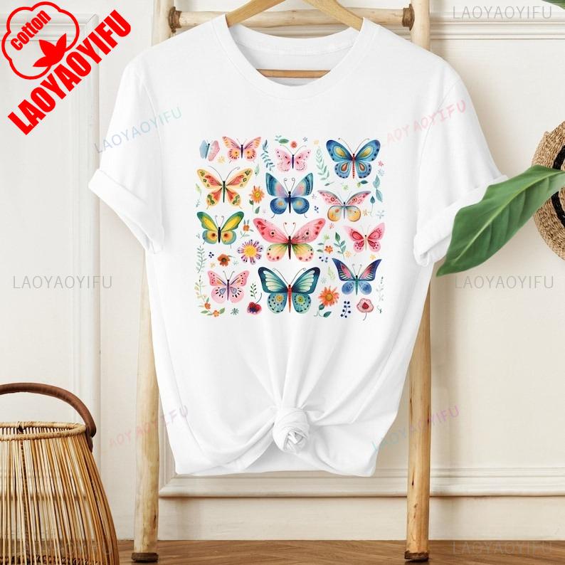 Cute Butterflies Pattern Wildflowers Butterfly Boho Botanical Cottagecore Floral Shirt Nature Lover Fern Printed Tshirt Tops