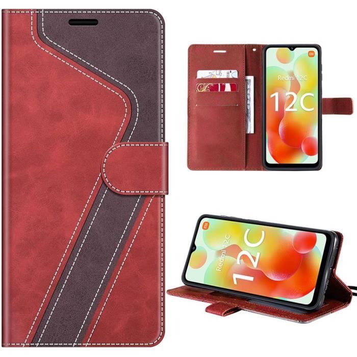 Coque - E.F.Connection - Redmi 12C-11A - Etui Folio Cuir PU - Rouge et Marron - Porte-cartes et Béquille