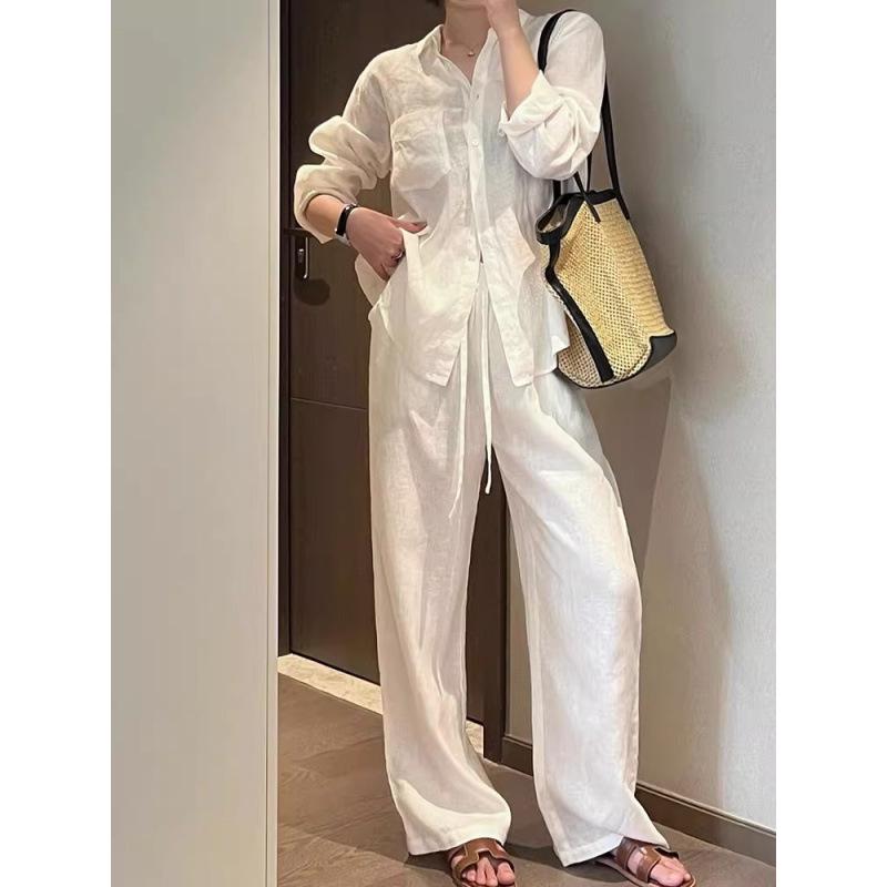 Women's Early Autumn White Linen High-End Long Sleeve Shirt - Slimming, Loose Fit, Cotton-Linen Blend