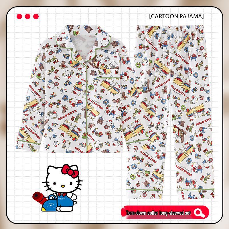 Children's Cartoon Print Pajama Set - Long Sleeve Cardigan with Turn-Down Collar, Imitation Cotton, for Spring and Autumn