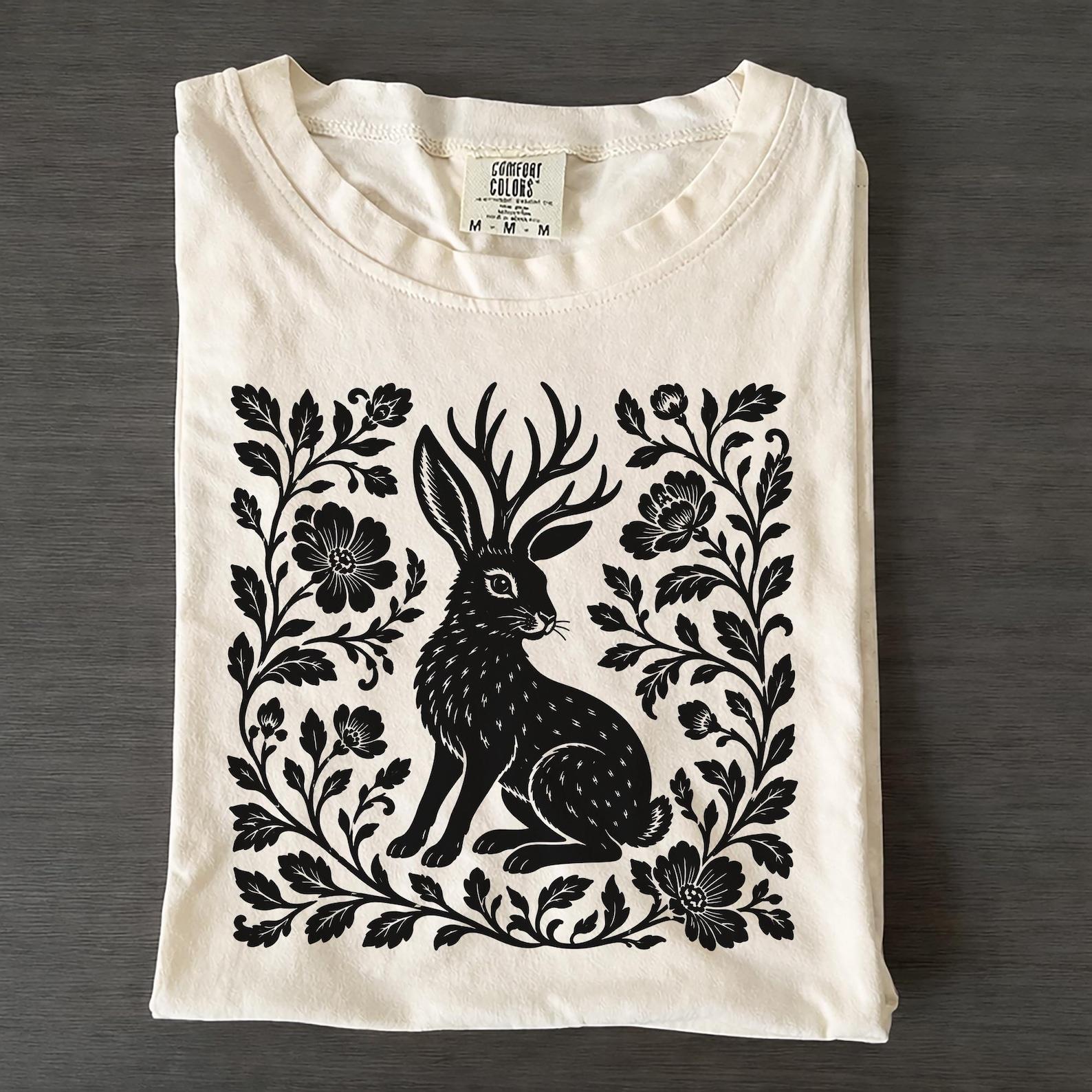 Linocut Jackalope Shirt, Dark Cottagecore Rabbit Graphic, Folk Art Animal Tee 3XL