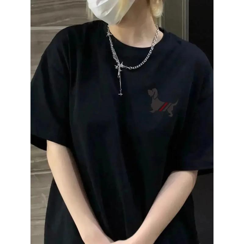 New Fashion Strip Puppy Cartoon Fun Printed Women's Cotton T-shirt Retro Personality Top Fashion Casual Couple Y2k Tops T-shirt