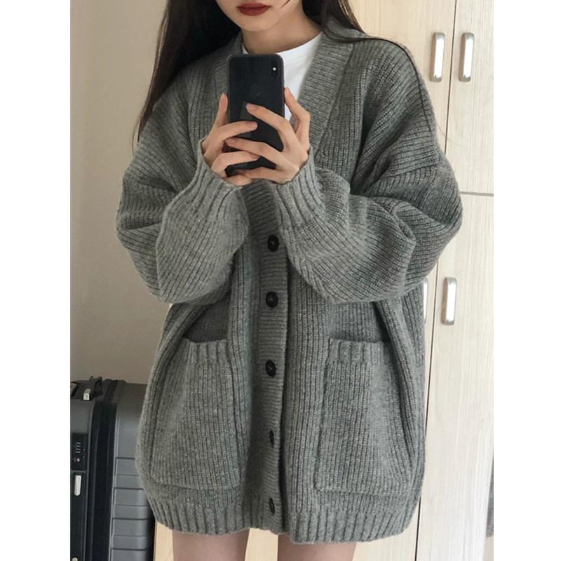 Fashion Elegant Knitted V-neck Cardigan Jacket Long Sweater Women Elegant Casual Solid Color Coats Loose Simple Autumn Winter Office Clothing