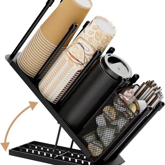 Coffee Cup Holder Lid Organizer with Straw Holder 4 Compartment Coffee Cup Dispenser Adjustable Coffee Bar Organizer