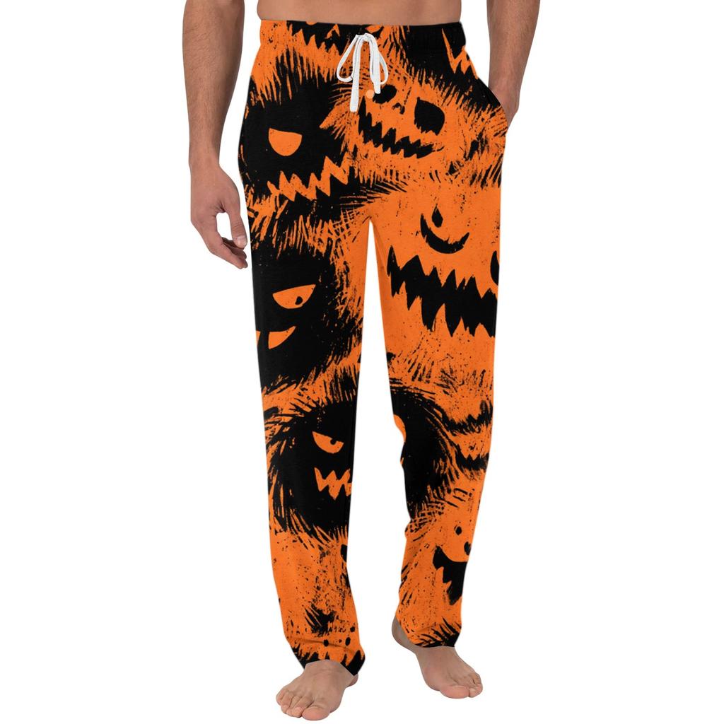 Men's Halloween Printed Drawstring Pocket Lounge Pants Pumpkin Pattern Casual Home Sleepwear Trousers for Men
