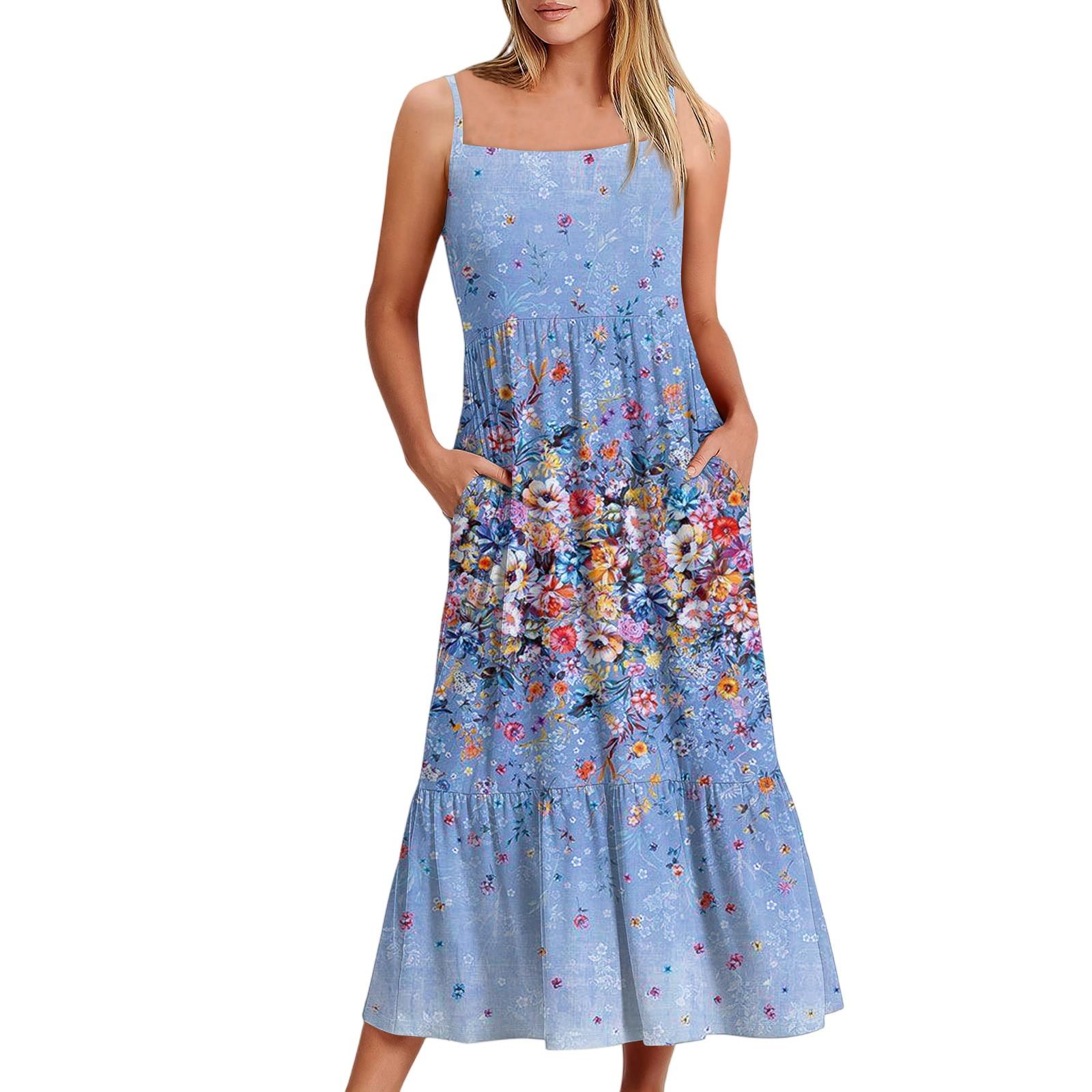 

Жіноча довга пляжна повсякденна елегантна максі-сукня на тонких бретелях з квітковим принтом, стримана, струмлива, богемна сукня XL