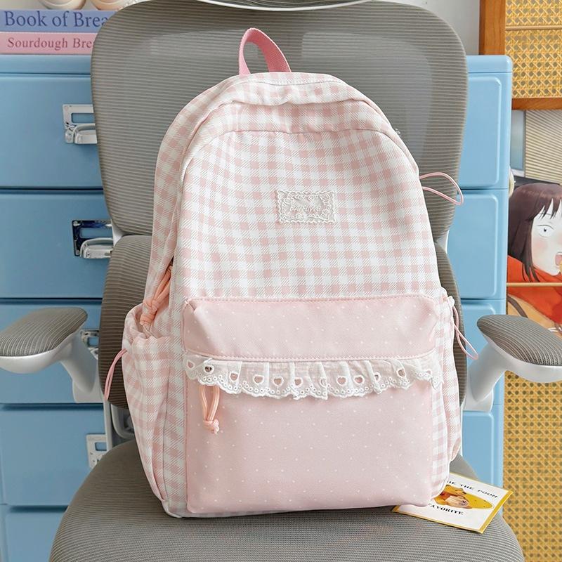 Schoolbag Milk Fufu Plaid Corrugated Lace Girl Heart Travel Small Backpack Japanese Sweet Wind Student Party Backpack