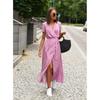 2024 V-neck Tie Waist Slit Hem Short Sleeve Summer Dress