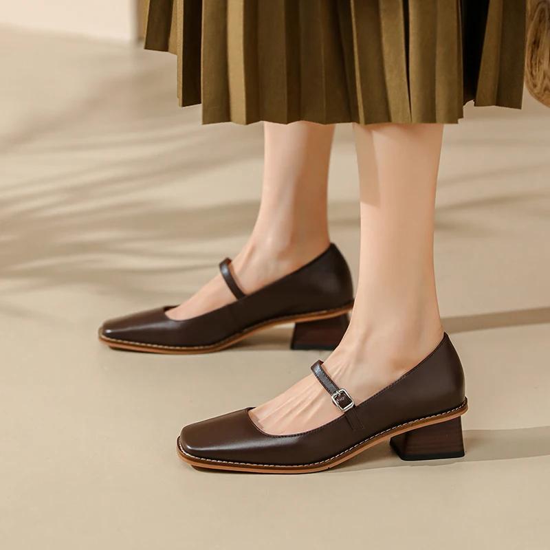 Fashion 2024 Trend Spring Women's Shoes Square Toe Chunky Heel Shoes Women Genuine Leather Low Heel Women Pumps Solid Retro Mary Janes