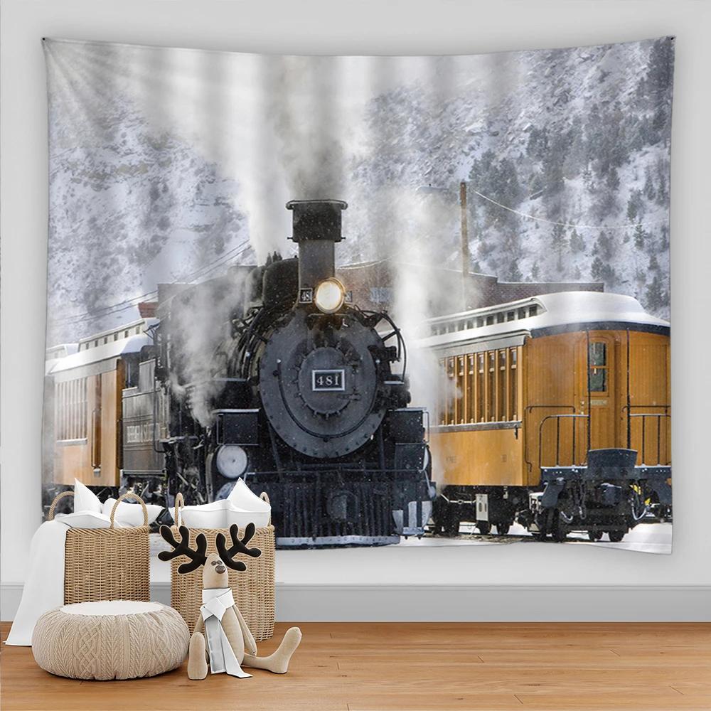 Nature Forest Snow Scene Tapestry Train Pattern Aesthetic Room Decor Carpet Living Room Wall Hanging Home Dorm Bedroom Decor