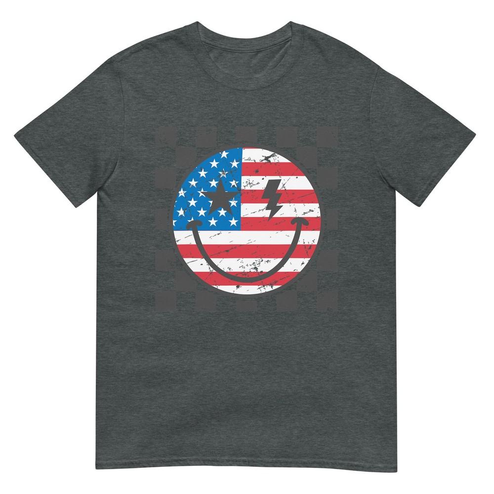 Happy 4th Of July Groovy Smile Face Red White Blue Usa Tshirt