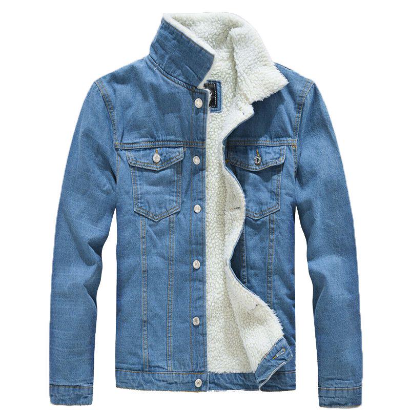 shearling lapel thicken warm slim men's denim jacket