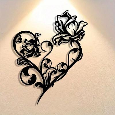 1pc Elegant Abstract Heart-Shaped Metal Wall Art With Rose And Vine Design - Intricate Black Wrought Iron Decor