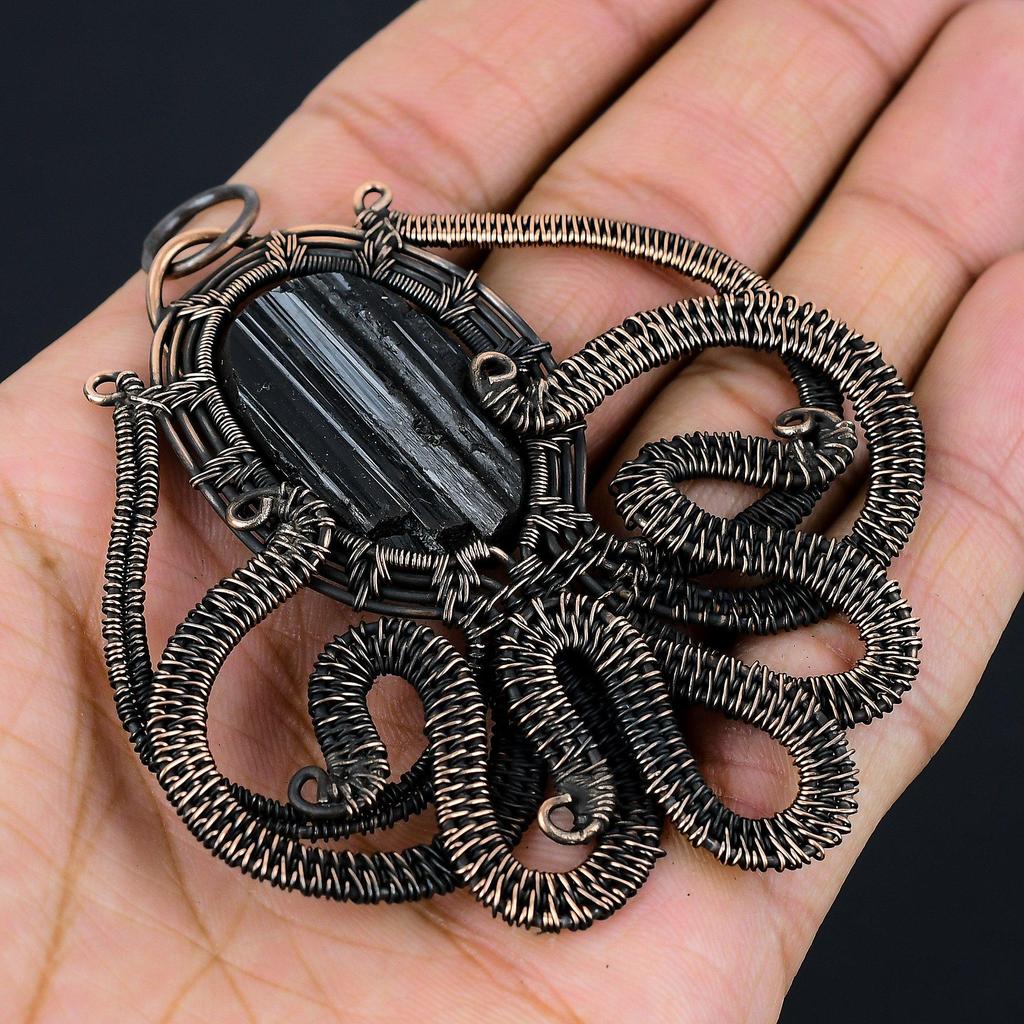 Black Tourmaline Octopus Shape Gemstone Jewelry Pure Copper Wire Wrapped Handmade Pendant For Her