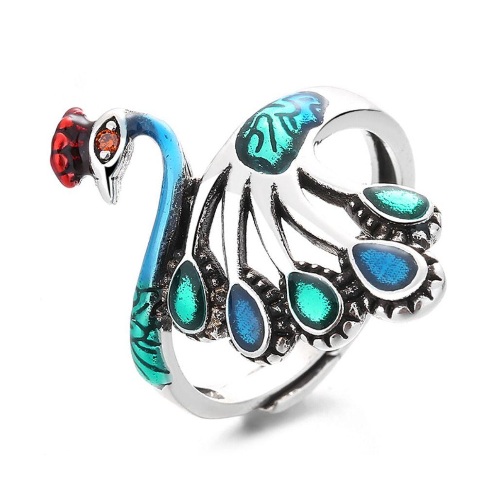 Exaggerated Women Finger Rings Peacock Enamel Retro Ring Fashion Open Rings  Girls