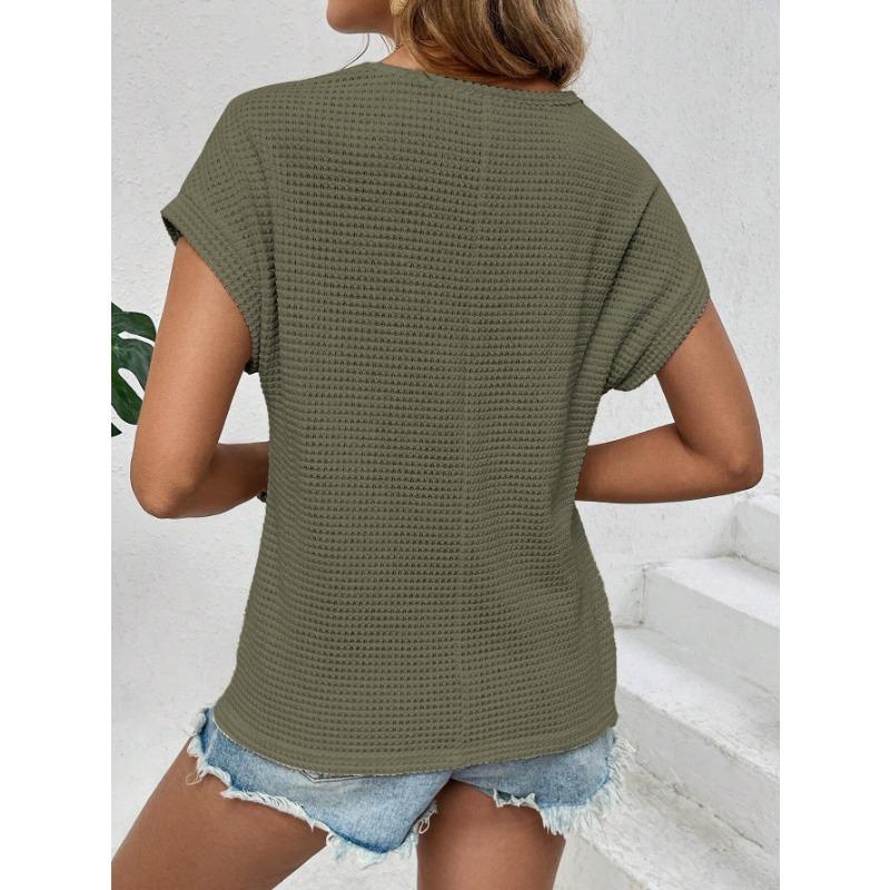 VEZFAA Women's Fashion Casual Summer Spring Solid Color Print Short Sleeve O-Neck Blouses & Shirts
