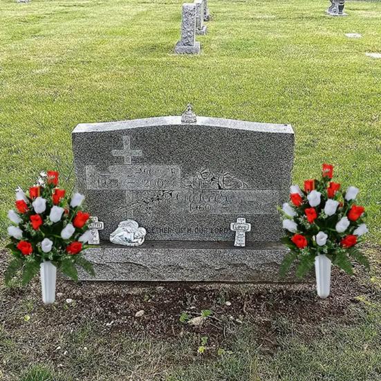 2 Pcs Artificial Cemetery Flowers Outside Fake Red White Rose with Long Nail Vase Memorial Flower Bouquet for Cemetery Headstone Graveyard Decor