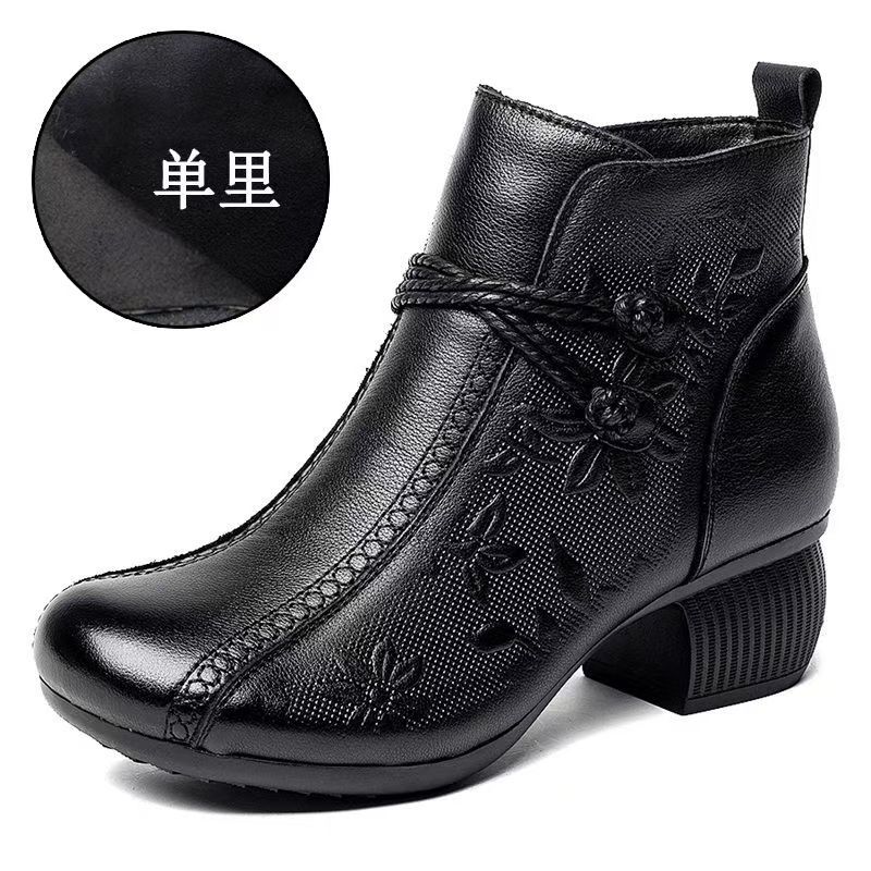 Retro Ethnic Style Short Boots Women's Autumn and Winter Single Boots Soft Leather Soft Sole Mother Cotton Shoes Velvet Leather Shoes Thick Heel 
