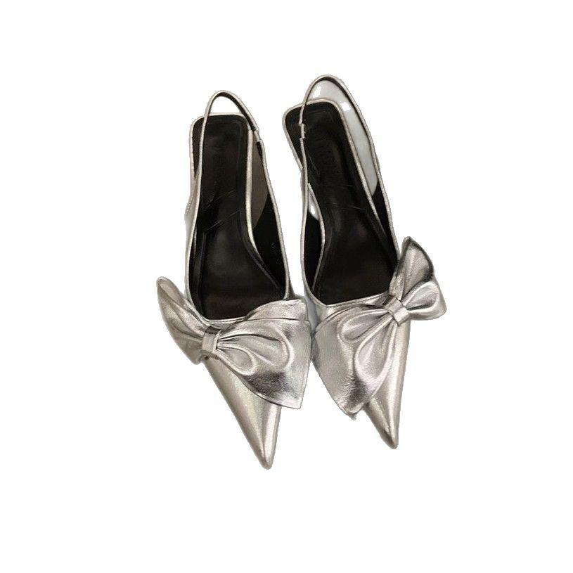 High-end Silver Bow Temperament Bag Head Sandals Women's Spring and Summer New High Heels Pointed Single Shoes