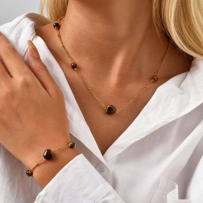 Ladies Retro Stainless Steel Natural Tiger'S Eye Love Bracelet Necklace Plated 18K Gold Nc-2477