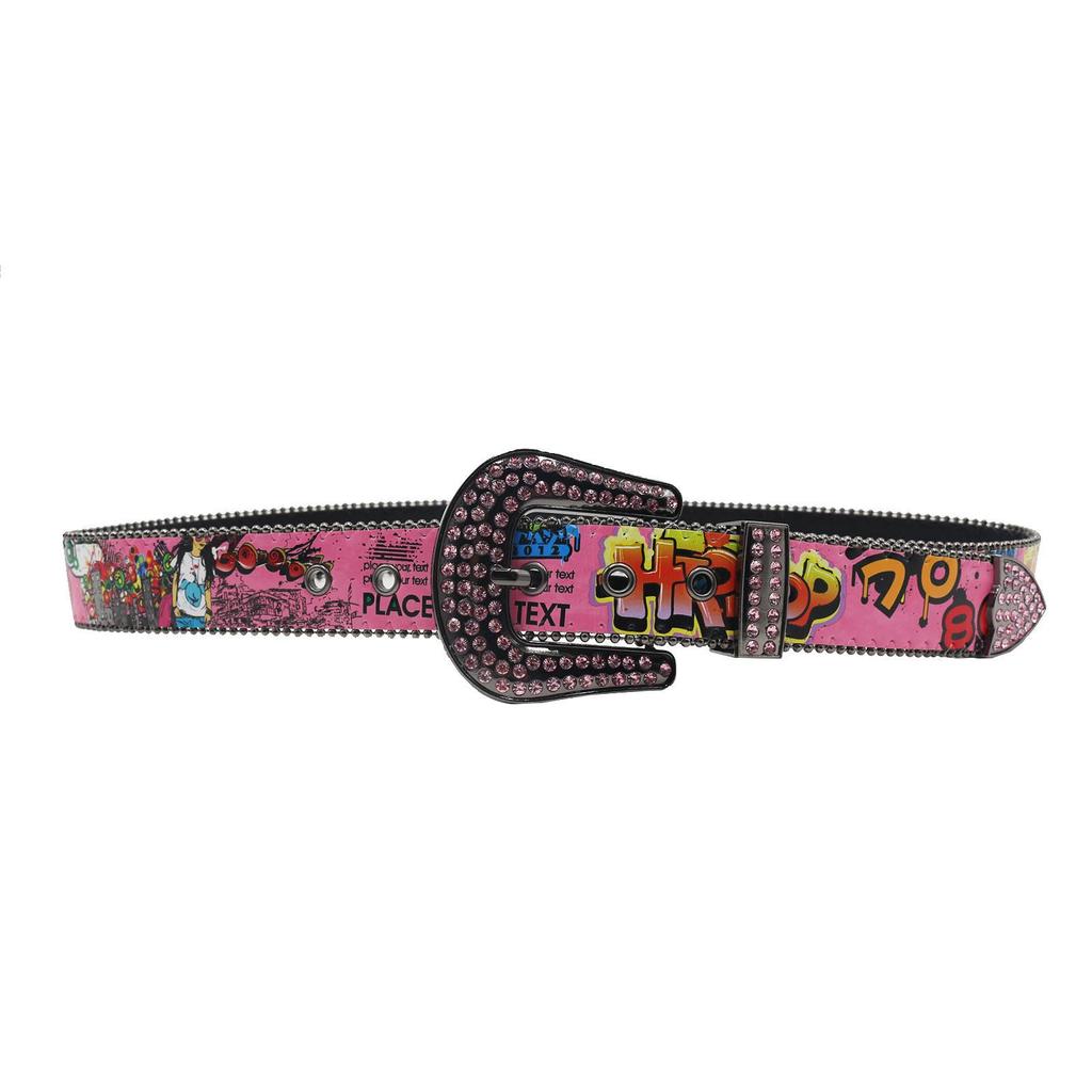 Bohemian Graffiti Rhinestone Leather Belt - Casual & Versatile European-American Style