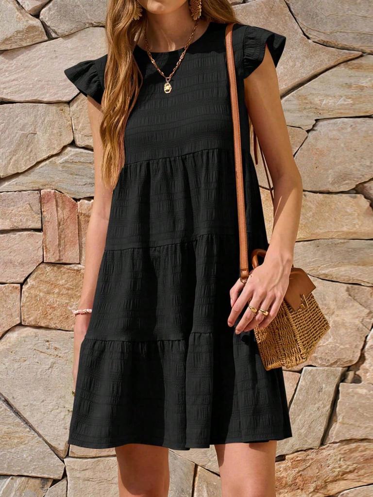 Womens Ruffle Sleeve Mini Dress Loose Fit Babydoll Summer Beach Sundress