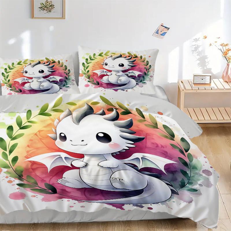 3pcs Adorable White Dragon Cartoon Printed Quilt Set - Includes 1 Quilt Cover and