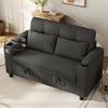 Modern 2-Seater Sofa with Hidden Storage, Button Tufting, Cup Holder, Armrest Storage, USB/Type-C Port, Phone Holder, 2 Lumbar Pillows, Corduroy, Grey