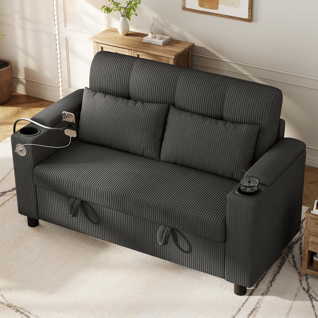 Modern 2-Seater Sofa with Hidden Storage, Button Tufting, Cup Holder, Armrest Storage, USB/Type-C Port, Phone Holder, 2 Lumbar Pillows, Corduroy, Grey