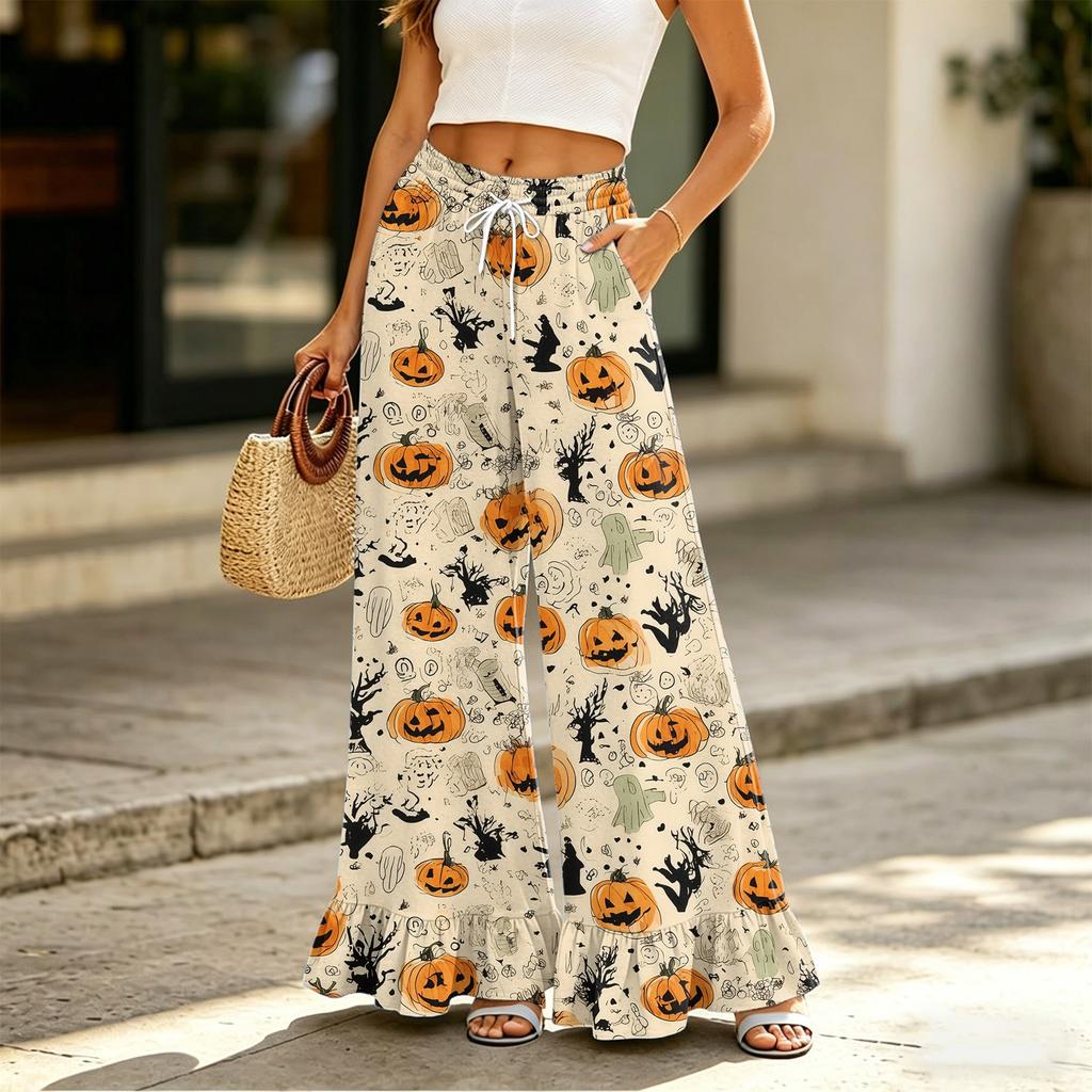 Women's Wide Leg Pants with Pockets Halloween Print High Waist Drawstring Casual Loose Fit Long Trousers for Everyday Wear