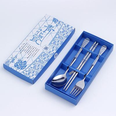 3-teiliges Set aus blauem und weißem Porzellangeschirr, Edelstahl-Essstäbchen, Löffel, Gabel, Geschenkbox, Tragbares Reise-Geschirrset