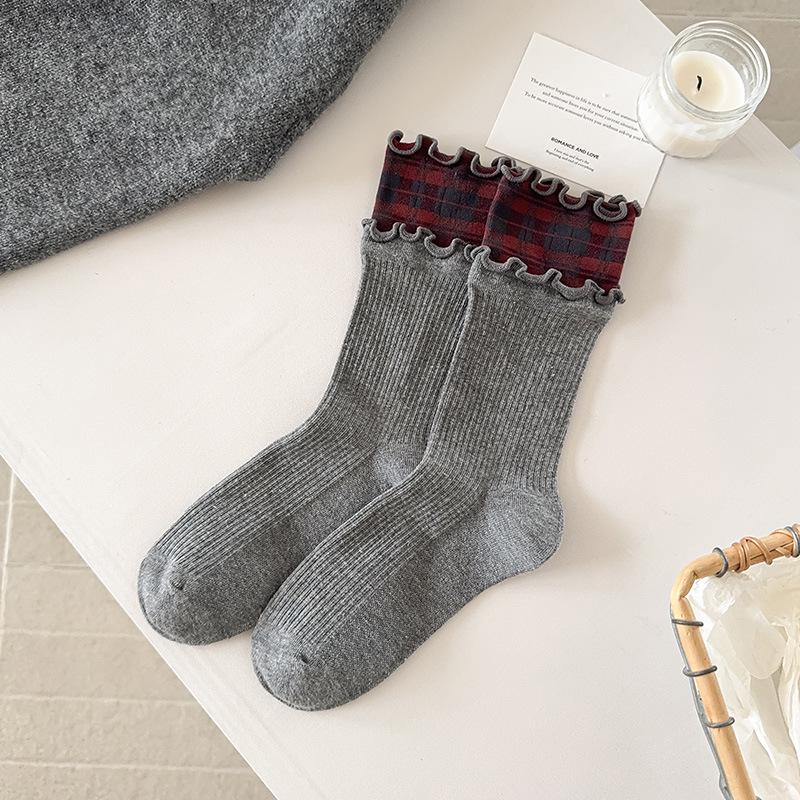 2025 Ruffle Double Layer Ribbed Cotton Plaid Mid-Calf Socks for Women