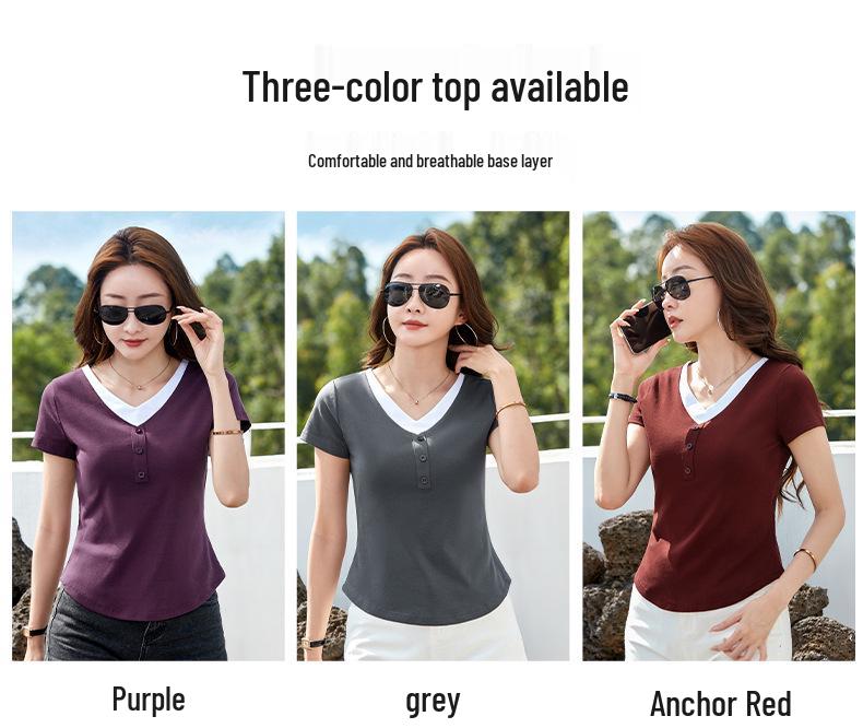 2026 Summer Women's Stylish V-neck Color Block Slim Fit Short-Sleeve Fake Two-Piece Top