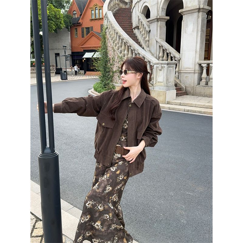Kumikumi High-Grade Suede Long-Sleeved Jacket Coat Women's Autumn Inner Strap Dress Two-Piece Set