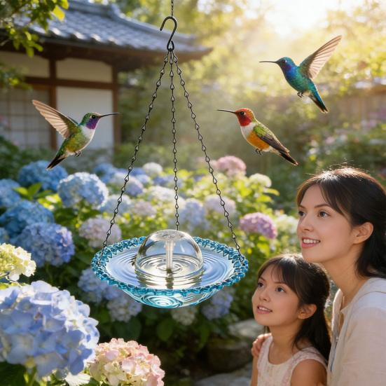 USB-Powered Fountain Bird Bath Hanging Bird Bath Fountain Outdoor Hummingbird Feeder Bath Bowl Attracts Wild Birds for Garden Decoration