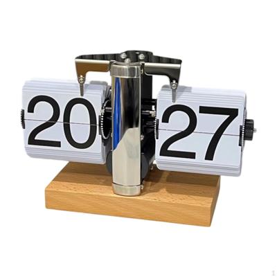 Flip Down Clock Automatic Page Turning Multifunctional Novelty Decoration Wood Base Tabletop