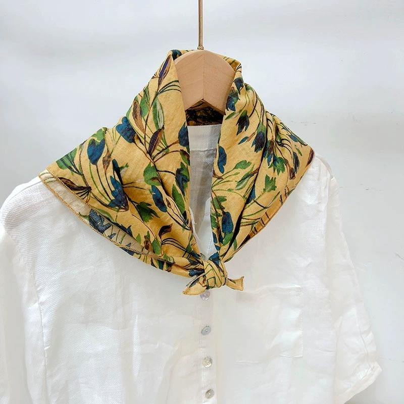 55x55cm Soft Retro Soft Cotton Square Scarf for Women Neckerchief Cotton Headscarf Floral Printed Scarf Hijabs
