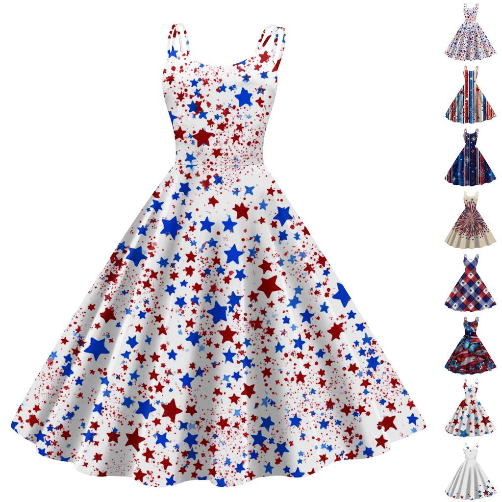 Women's Casual Fashion Independence Day Print V-Neck Retro Sleeveless Dress