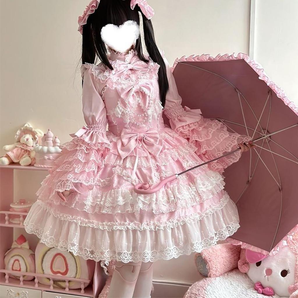 Jundakara Lolita Costume Featuring and Puff Perfect for a Sweet French or Princess Size Women's 3-Piece Set, Ribbons, Ruffles, Lace-Up, Sleeves.