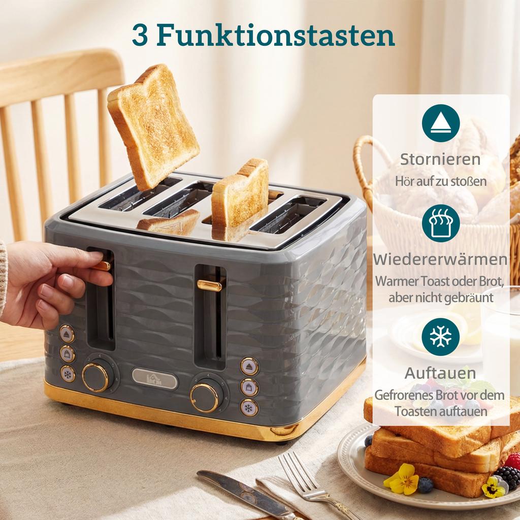 Toaster for 4 Slices with 7 Browning Levels, High-Lift, Reheat/Defrost/Cancel Function, Grey Wave Design