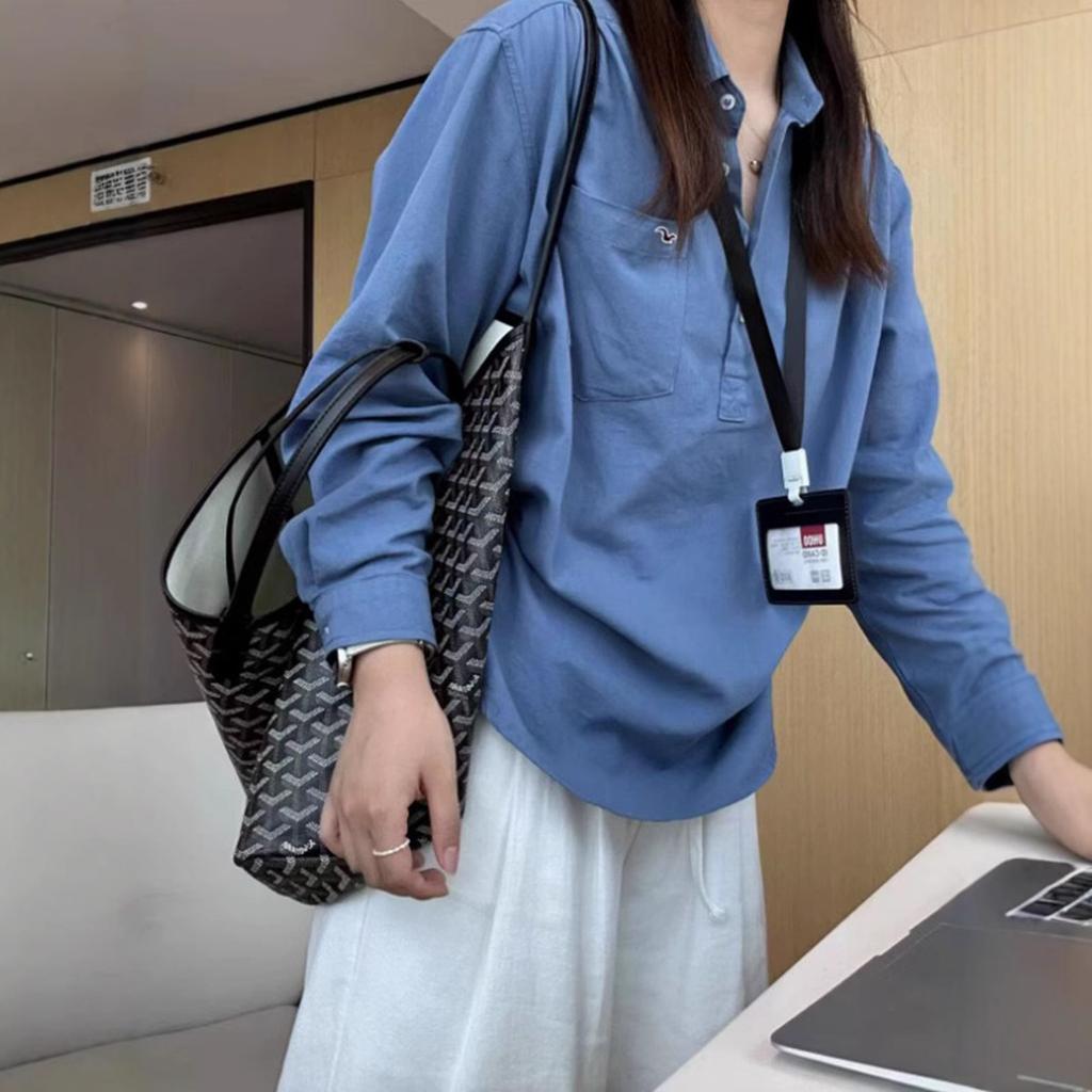 Early Spring New High-end Minimalist Style Casual and Versatile Half-open Lapel Blue Long-sleeved Shirt for Women