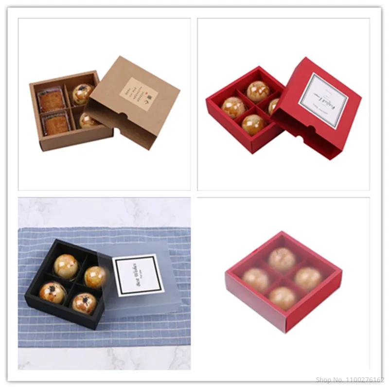 10pcs 4 Holes Kraft Paper Cake Box Moon Cake Souffle Gift Box Frosted Cover Drawer Cupcake Box and Packaging