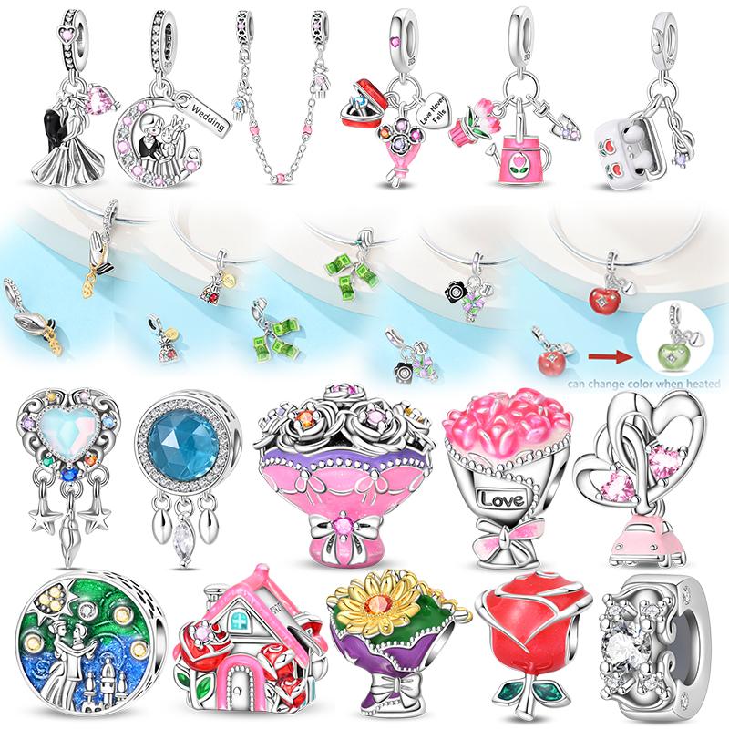 Realstering Copper Couple Flower House Charms Beads Apple Money Pendant Fit Original Bracelet Diy For Women Jewelry