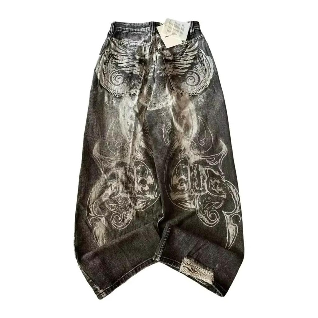 VibeStreet Americká Móda Nové Černé Staré Prané Díry Baggy Džíny Dámské Y2K Vintage Punk Móda Ležérní Joker Vysoký Pas Široké Nogavice Kalhoty