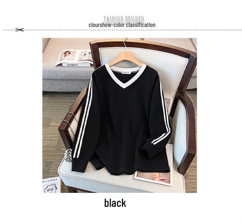 Plus Size Women's V-Neck Sweatshirt: Loose Fit, Slimming, Bust 150-160 Cm, Fits 200-350 Jin