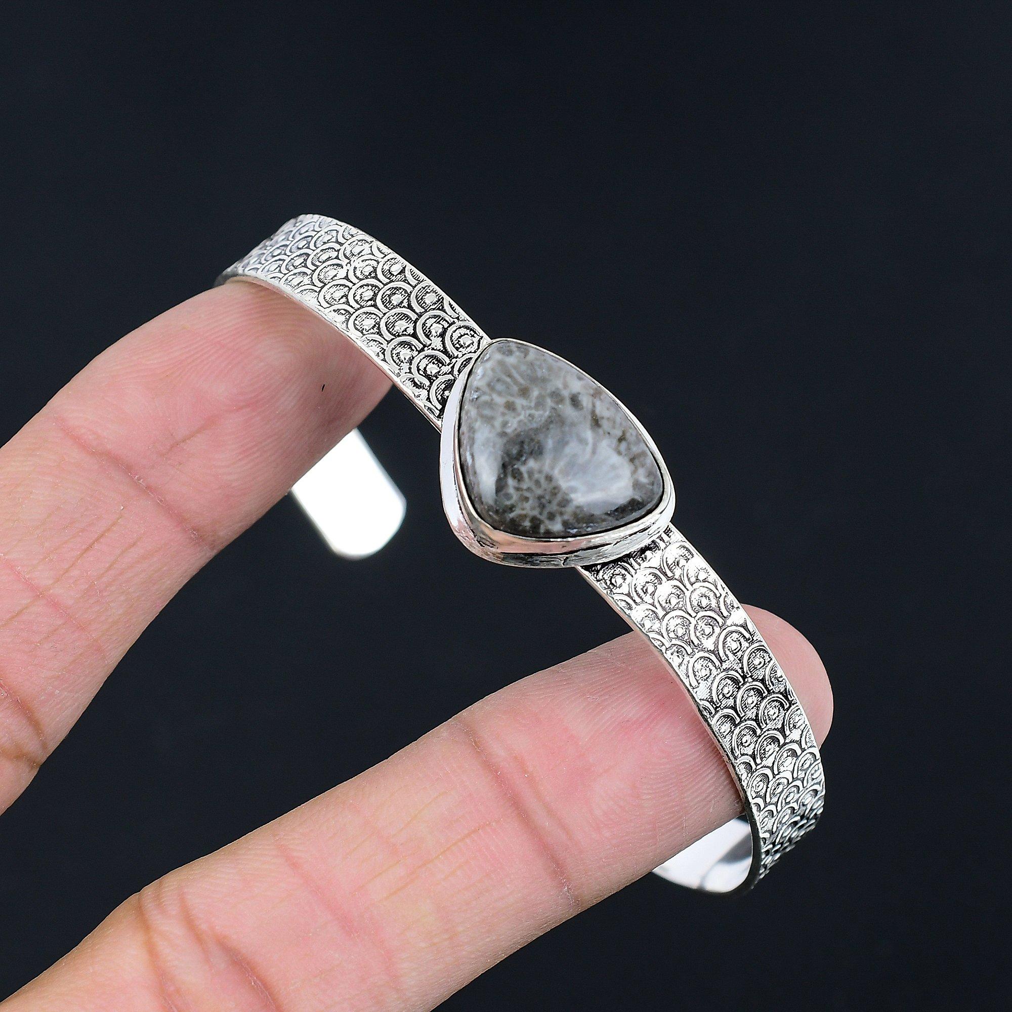 

Halloween Sale Trillion Stingray Coral Gemstone Sterling Silver Bangle Jewelry Adjustable