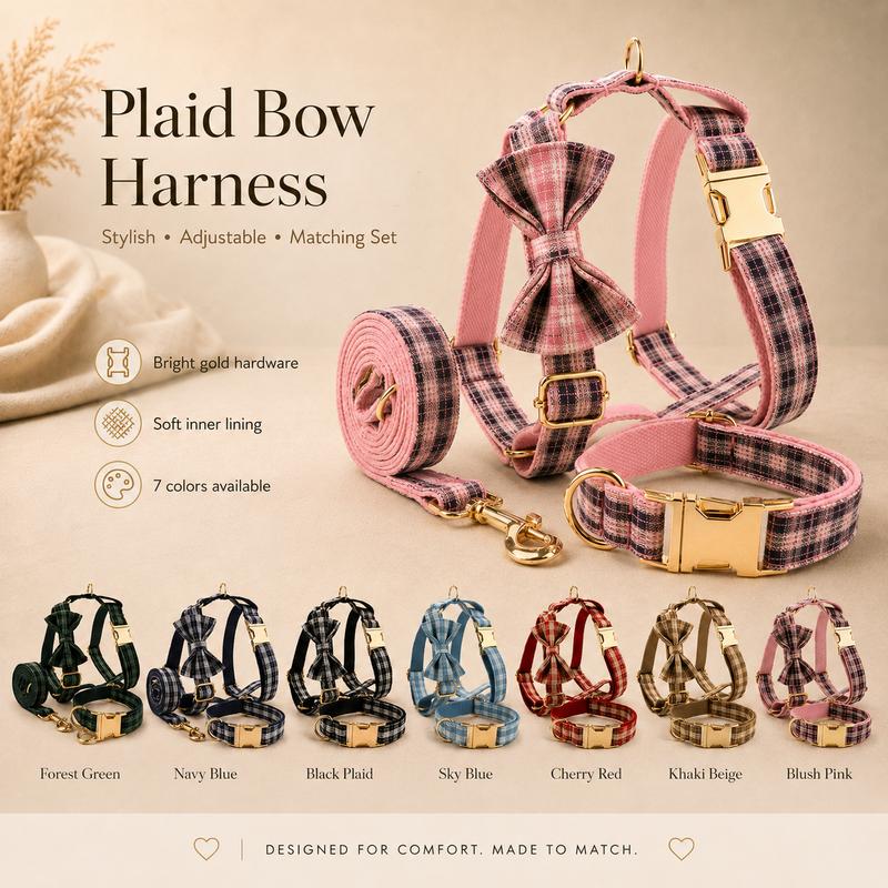 Plaid Pet Walking Harness Set with Bow Design, Adjustable Vest Collar Leash Kit for Small Dogs