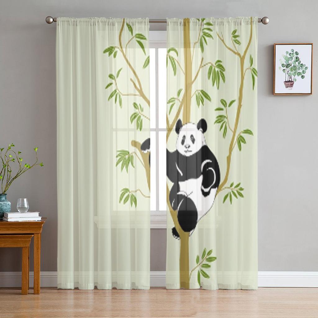Baby-Panda sitzt zwischen Bambusstamm Tüll Vorhänge transparent für Wohnzimmer Schlafzimmer Küchendekoration Voile Organza Vorhänge