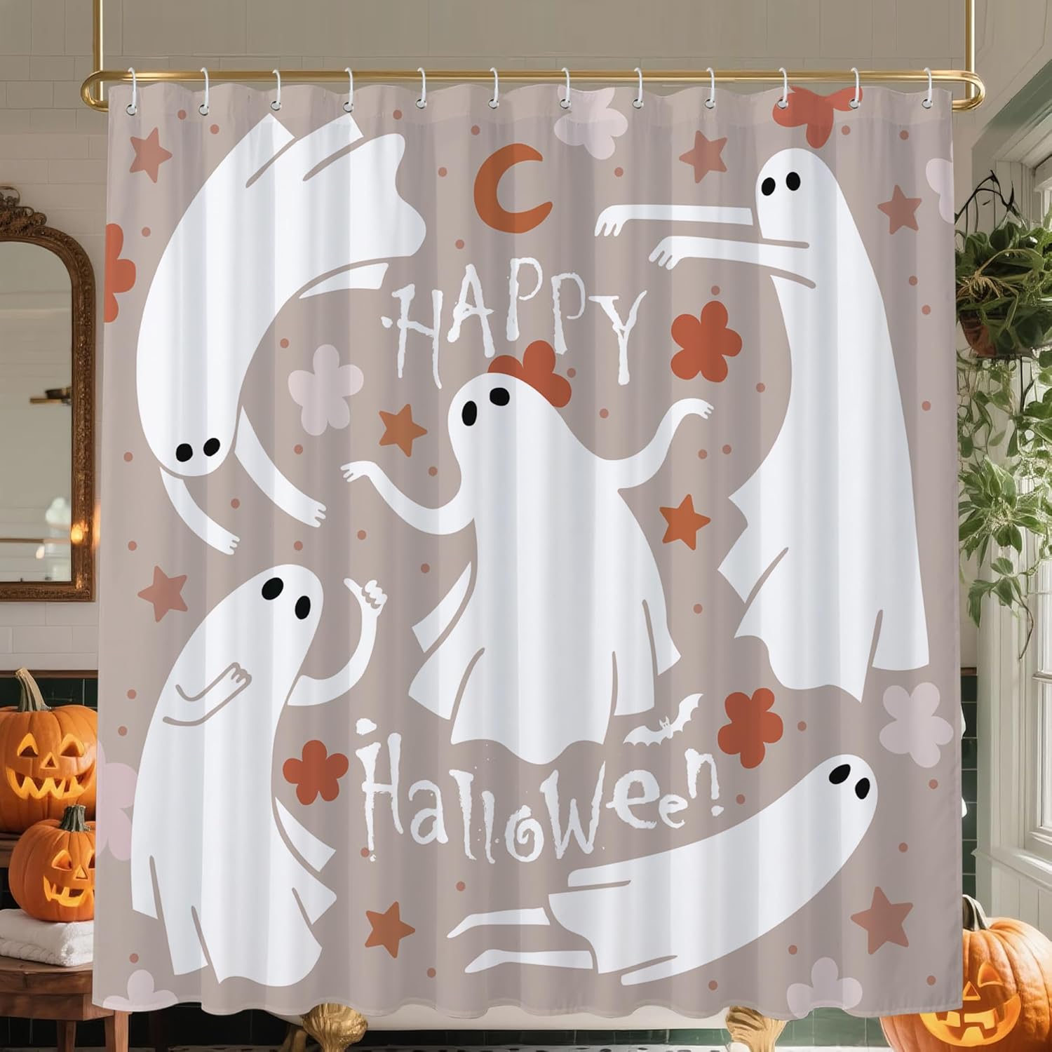 

Cute Ghost Halloween Shower Curtain With Boho Floral Pattern, Heavy Duty Waterproof Washable Fabric, Includes For Bathroom W60H190(CM)-1 Pcs